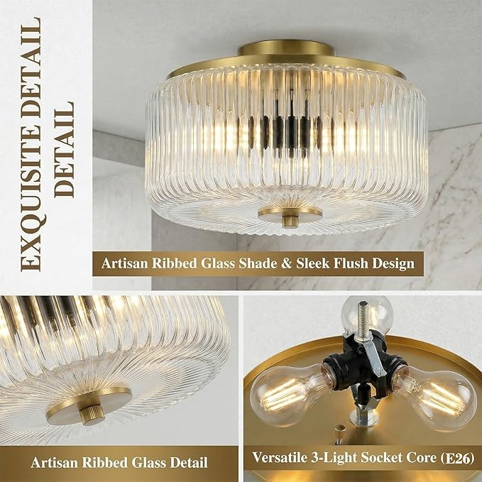 3-Light Flush Mount Ceiling Light, 11.8" Gold Ceiling Light Fixture with Ribbed Clear Glass Shade, Modern Drum Close to Ceiling Lamp with Closed Bottom for Bedroom Hallway Kitchen Entryway