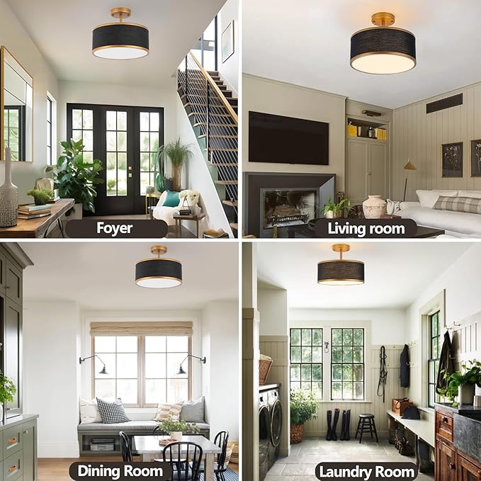 Bargeni Semi Flush Mount Ceiling Light,12.5 inch Ceiling Light Fixture,Gold Flush Mount Light Fixture with Black Fabric Drum Shade,Light Fixtures Ceiling Mount for Bedroom,Living Room,Hallway