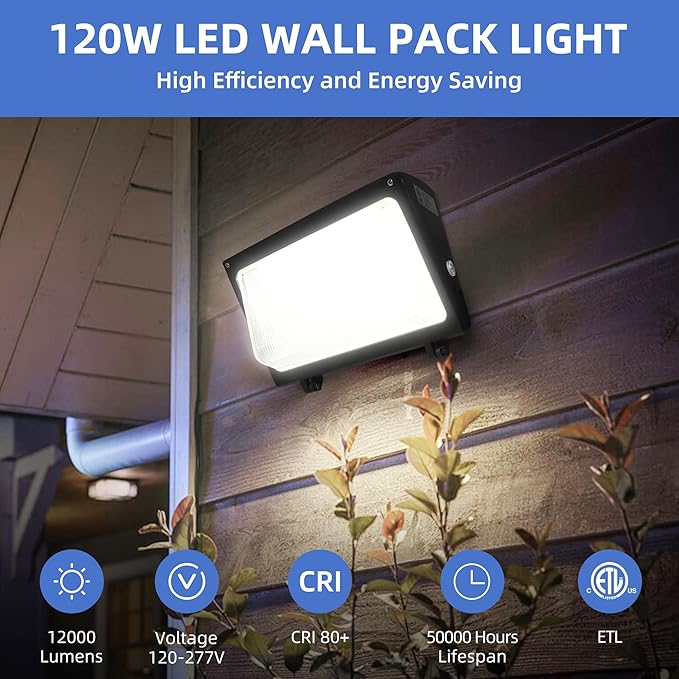 hykolity 120W LED Wall Pack Light with Dusk-to-Dawn Sensor, 16200lm 5000K Daylight Commercial Security Lighting, 750W MH Equivalent, 100-277V, Waterproof LED Outdoor Wall Mount Light for Warehouses