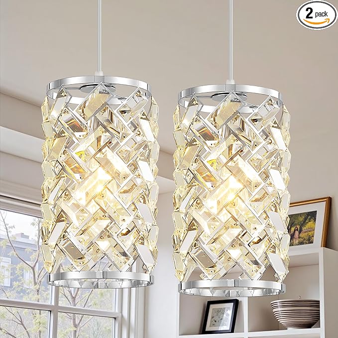 Chrome Pendant Lights Kitchen Island, Mini Crystal Modern Kitchen Pendant Lighting Over Sink with 10.2" Clear Glass Shade Chandeliers, Adjustable Pendant Light Fixture for Dinning Room Bedroom