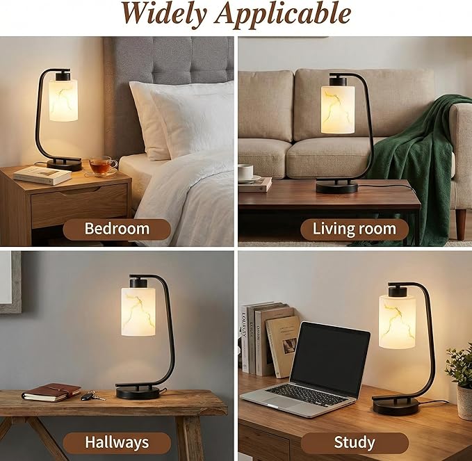 Modern Industrial Table Lamp, Marble Pattern Glass Shade Desk Lamp with C-Shaped Black Metal Base, Bedside Nightstand Lamp for Bedroom, Living Room, Office, E26 Base