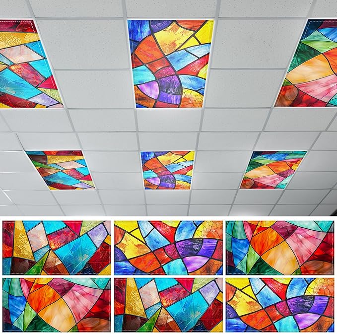 6 Pcs Fluorescent Light Covers with 60 Magnets Decorative for Classroom Ceiling Lights 4 x 2 Feet Magnetic Light Cover Filter Easy Install for Office Hospital Home Ceiling Supplies (Stained Glass)