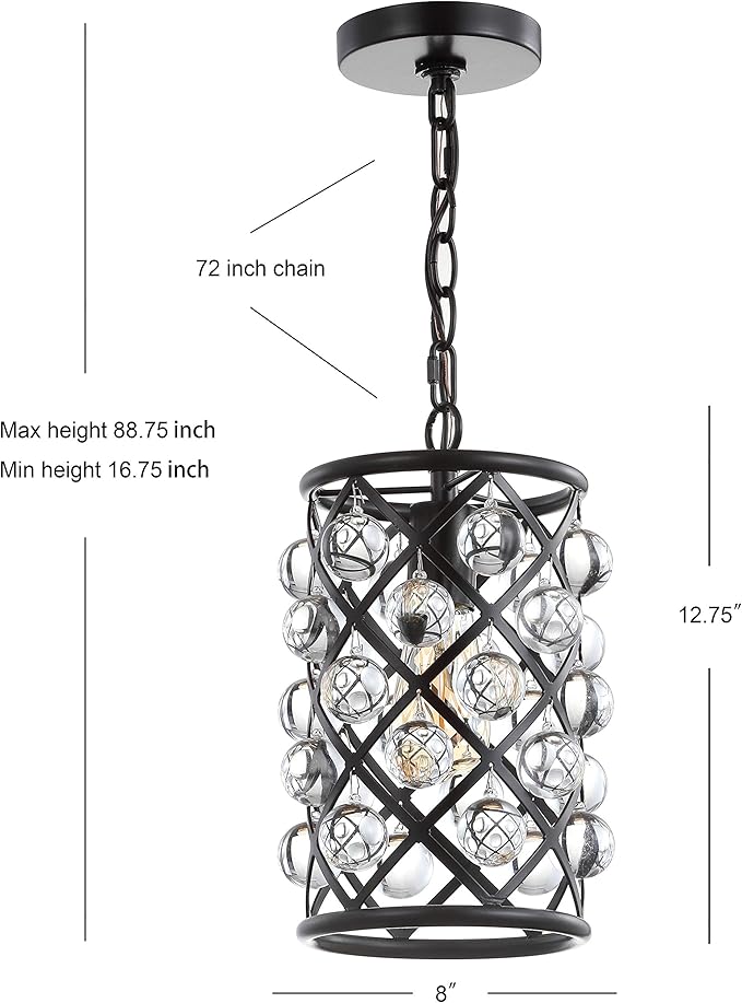 JONATHAN Y 8" Oil Rubbed Bronze 1-Light Iron and Crystal Drum Pendant Light, Modern Glam Ceiling Fixture for Kitchen Island, Adjustable Height, ETL Listed, LED Bulb Included JYL9506A