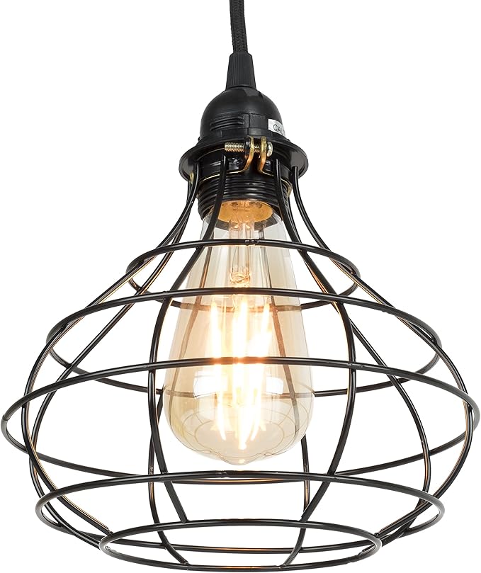 Rustic State Pendant Light Shades Light Bulb Covers 15" Fabric Plug-in Cord with Toggle Switch Edison LED Bulb - Lamp Cage Pendant Light Cover - Set of 2 - Black