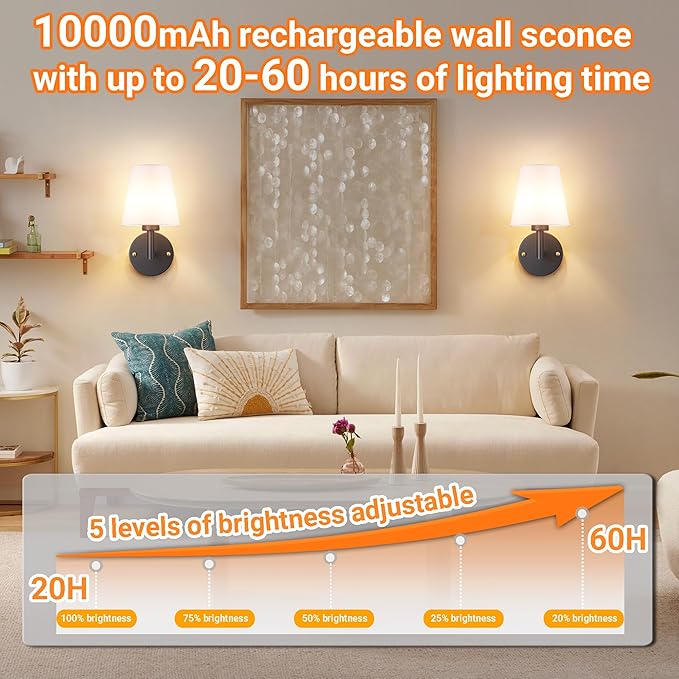 Nekhung Battery Operated Wall Sconces Set of 2, Wireless Wall Light with 10000mAh RGB Dimmable Magnetic Bulb, Rechargeable Wall Sconce with Remote Control for Bedroom Living Room