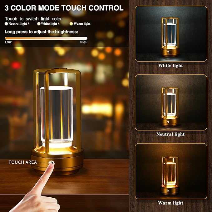 Anxingtools Portable Metal Table Lamp,Cordless Table Lamp,Battery Operated, 3 Light Colors, for Restaurant/Bedroom/Bars/Outdoor Party/Camping/Coffee Shop Atmosphere Night Light (Gold)