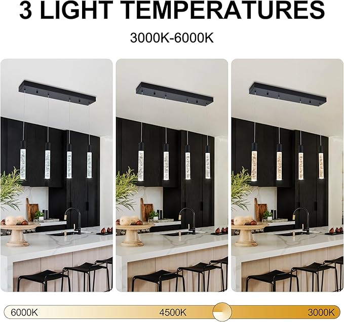 4-Light Matte Black Integrated Crystal Pendant Chandelier,Dimmable LED Ceiling Light with Adjustable Height for Kitchen Island, Dining Room & Bedroom 3000K -6000K