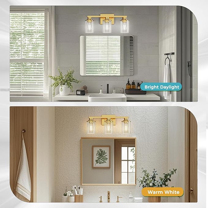 DORESshop 20 Inch Bathroom Light Fixtures, 3-Light Gold Bathroom Lighting Fixtures Over Mirror with Clear Glass Shade, Vanity Lights for Living Room Bedroom, ETL Listed