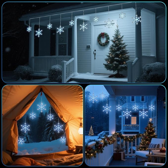 Christmas Snowflake Icicle Lights,9 ft 150 LEDs Curtain Lights with 10 Drops, 3 Strands Connectable, Waterproof Twinkle Effect Icicle Fairy Light for Eaves Window Yard Indoor Outdoor Xmas Tree