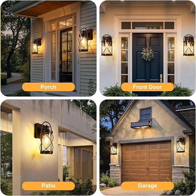 Dusk to Dawn Outdoor Wall Lights Fixtures, Waterproof Exterior Lighting Fixtures with Photocell Sensor,Vintage Coffee-Bronze Metal Cage Lantern Outside Lights for Porch Patio House Garage（2 Pack）