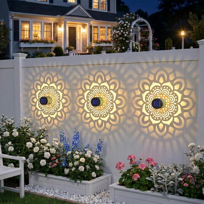 Solar Fence Lights 4 Pack Outdoor Deck Step Wall Lights Metal Waterproof LED Warm Yellow Light for Garden Post Patio Backyard Yard Decor (Mandala-1, 4)