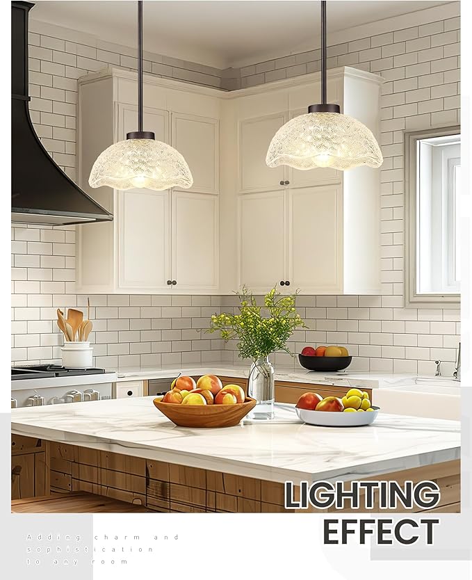 zeyu 2 Pack Pendant Lights, Kitchen Pendant Lighting Island, 10.4'' Glass Pendant Light Fixture with Clear Hammered Glass, Oil Rubbed Bronze Finish, ZJX116M1L-2PK ORB