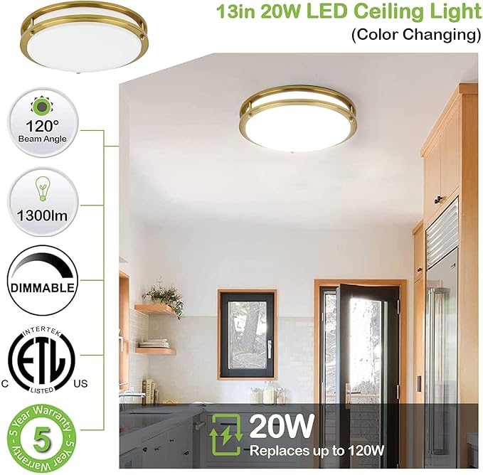 hykolity 13 inch Flush Mount LED Ceiling Light Fixture, 2700K/3000K/3500K/4000K/5000K Adjustable Ceiling Lights, Gold Saturn Dimmable Lighting for Hallway Bathroom or Kitchen ETL Listed 2Pack