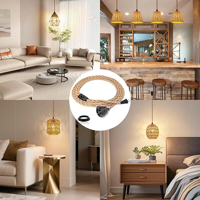 Industrial 15ft Pendant Light Cord - Hanging Light Kit with Switch Plug, Plug-in Pendant Light Cord Rope Pendant Lights Socket Set E26 E27 for Pendant Lamp Farmhouse Lamp Cable DIY Room Decor