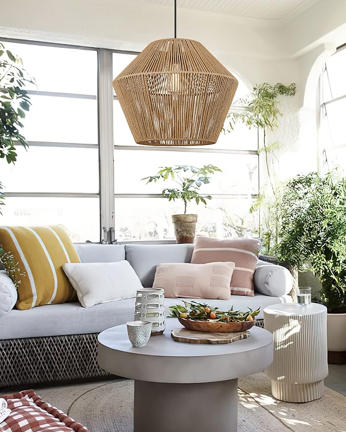 ELYONA Woven Pendant Light, 17” Modern Boho Chandelier Handwoven Rattan Basket Shade, Rustic Pendant Light Fixtures Farmhouse Ceiling Hanging Lamp for Dining Room, Kitchen Bedroom, Entryway, Foyer
