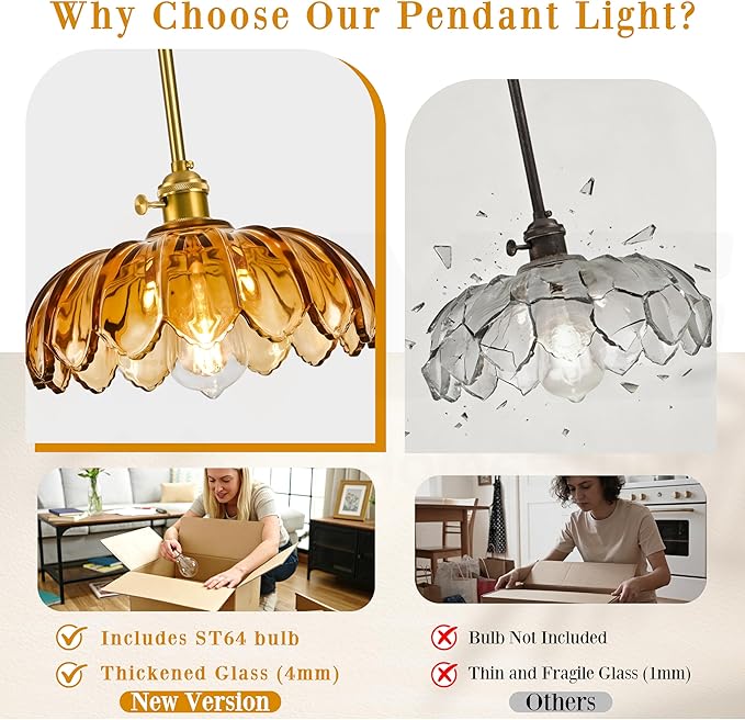 Mid Century Modern Pendant Light 2 Pack Hanging Adjustable Pendant Lights with Brushed Gold Fixture Amber Flower Glass Vintage Chandelier for Kitchen Island Bedroom Dining Room（Bulb Incl.）