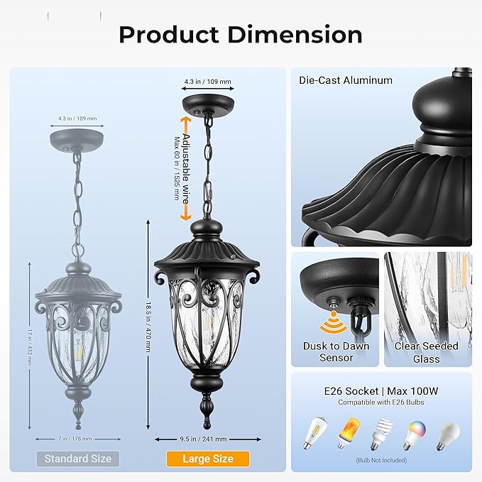 VIANIS Large Dusk to Dawn Outdoor Hanging Lights, Black Vintage Outdoor Pendant Light with Seed Glass, Waterproof, Anti-Rust Adjustable Length Chandelier, Hanging Ceiling Light for Porch, Garden, Yard