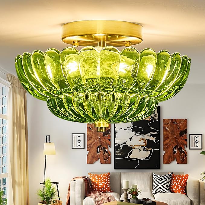 3-Lights Mid Century Modern Vintage Semi Flush Mount Ceiling Light Fixture,Gold Surface Treatment,Green Flower Glass,for Hallway Bedroom Bathroom Foyer Closet Entryway Laundry Room(11.81 in)