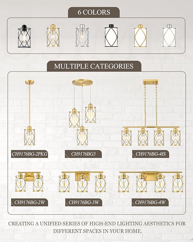 Brushed Gold Pendant Lights Kitchen Island 3 Pack, Glass Kitchen Pendant Lighting Over Island with Rod, Modern Mini Hanging Light for Kitchen Sink Dining Room, CH9176BG-3PK