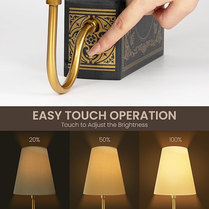 AELS Vintage Bookshelf Lamp with Bulb, Cordless Touch Dimmable Table Lamp with Linen Fabric Shade, Battery Operated, Modern Farmhouse, Book Sconce for Office Home Bedroom, Tree of Life Black & Gold