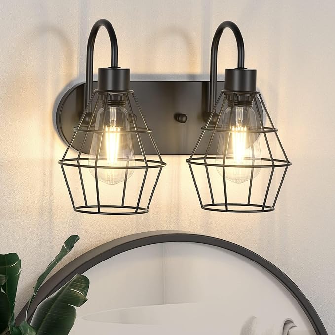 Bathroom Vanity Light Fixtures, 2-Light Bathroom Lighting Fixtures Over Mirror with Cage, E26 Base Black Farmhouse Wall Sconces for Bedroom Living Room, UL Listed