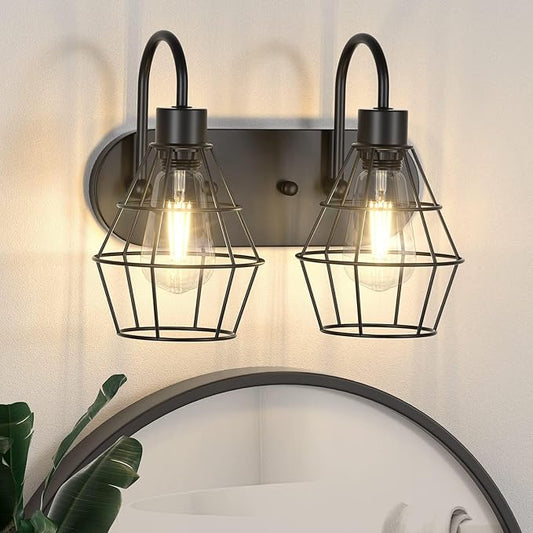 Bathroom Vanity Light Fixtures, 2-Light Bathroom Lighting Fixtures Over Mirror with Cage, E26 Base Black Farmhouse Wall Sconces for Bedroom Living Room, UL Listed