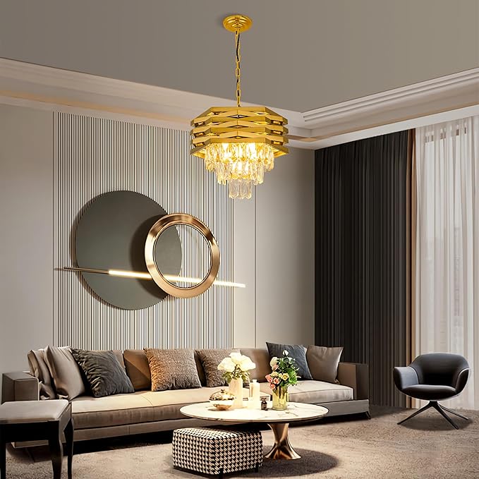 Gold Crystal Chandelier 5-Lights 15.75" Modern Crystal Pendant Light 3-Tier Luxury K9 Hanging Dining Room Lighting Fixtures for Bedroom Living Room Office Hallway Foyer Entryway Kitchen Sink