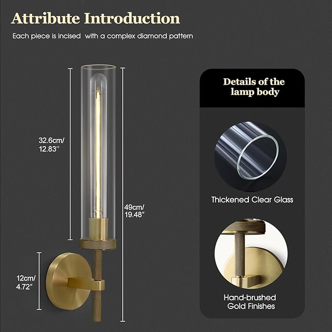 Brass Sconces Wall Lighting, 19" Tube Glass Gold Sconces, Bathroom Wall Sconces Lighting Vanity Lights Wall Lights for Living Room, Hallway, Fireplace, Staircase