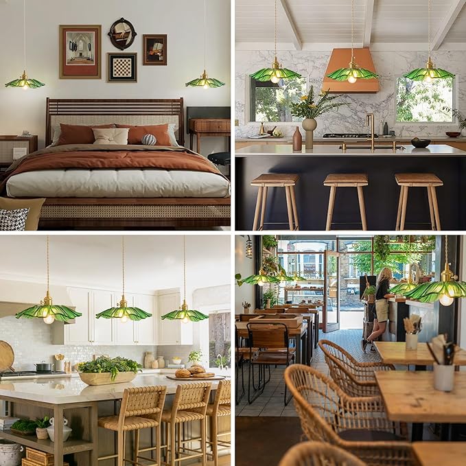 Vintage Pendant Lights Kitchen Island Fixture Glass Hanging Light Green Flower Light 2pack Modern Chandelier Island Lights for Bedroom Kitchen Hallway Bathroom Dinging Room Green Sunflower
