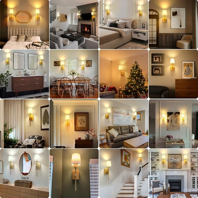 Battery Operated Wall Sconces Set of 2: Gold Rechargeable Wall Lights with Touch and Remote Control, Wireless Battery Powered Wall Scone Cordless Wall Lamp for Bedroom Living Room Bathroom Hallway