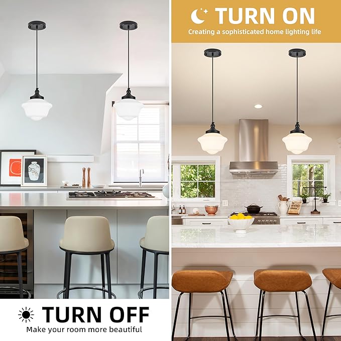 Bagood 2 Pack 8" Milk Glass Pendant Light Black Schoolhouse Light Fixture Schoolhouse Pendant Light Milk Glass Light Fixture Mid Century Modern Ceiling Light for Bedroom Bathroom Kitchen (Bulb Incl.)