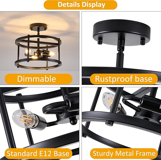 Black Semi Flush Mount Ceiling Light, 3-Light Farmhouse Ceiling Light Fixture for Entryway, Hallway & Foyer, Rustic Black Metal Close to Ceiling Lamp, E12 Base, 12.2 Inch