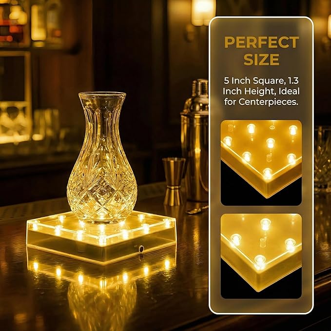 Simplelight 5 Inch Square LED Light Base - Perfect for Glass Art, Ideal Led Display for Vases, Centerpieces (5inch Square LED Vase Base Light, Soft White)