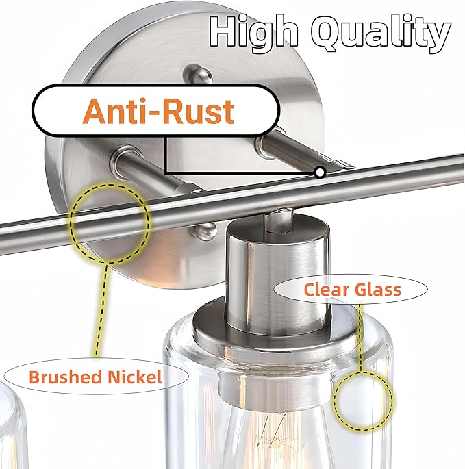 WISBEAM Brushed Nickel Bathroom Vanity Light, 3 Light Bathroom Light Fixtures Over Mirro with Clear Glass Shade Including E26 Medium Base, Bulb NOT Included