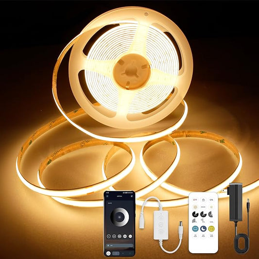 AXMOTUT COB LED Strip Lights with RF Remote, 24V 32.8ft Warm White Dimmable LED Light Strips, High Bright 2700K LED Lights with Power Supply for Room, Kitchen, DIY Home Decoration
