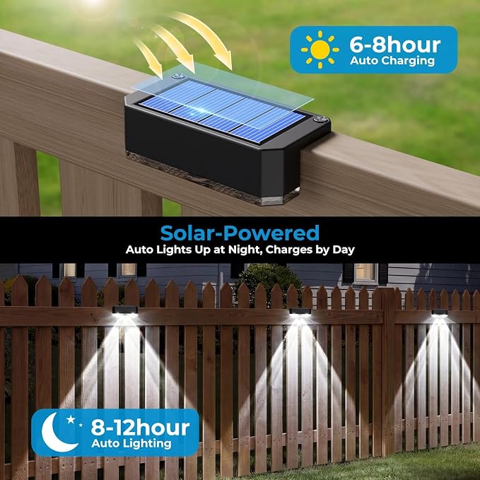 Peasur 8 Pack Solar Fence Lights Outdoor, Deck Light Solar Powered, IP65 Waterproof Led Riling Solar Lights for Outside Yard Step, Cool White