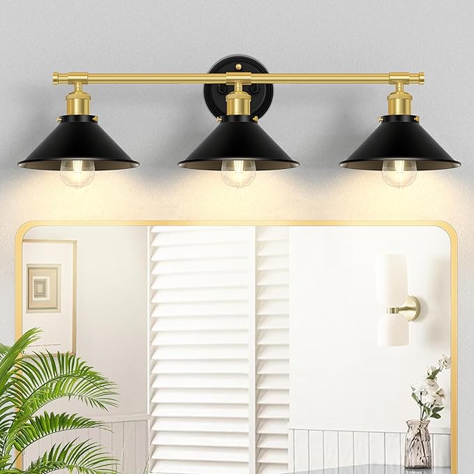Licperron 3-Light Black and Gold Bathroom Lighting Fixtures, Farmhouse Vanity Wall Lights Over Mirror with Metal Shade, Indoor Bathroom Wall Mounted Lamp for Cabinet, Living Room, Kitchen