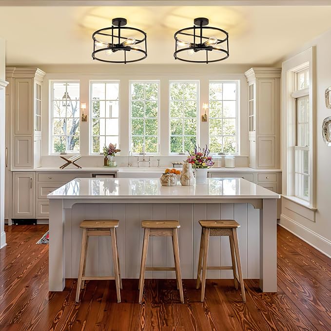 Semi Flush Mount Ceiling Light Fixtures 16.53'' Black Kitchen Light Farmhouse Ceiling Light Fixtures, 4 Light Industrial Semi Ceiling Lights for Bedroom, Dining Room Living Room Hallway