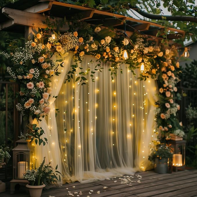 Tulle Backdrop Curtain with Lights String 10FT X 10FT Champagne Sheer Tulle Backdrop Curtains for Wedding Birthday Party Reception Photo Booth Background Decorations (2 Panels 5x10FT)