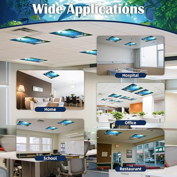 ANGSYLTH 2 x 2 Feet Fluorescent Light Covers - 4 Pcs Covers for Ceiling Lights, Magnetic Light Filters for Classroom, Office, Hospitals, Home (Underwater World)
