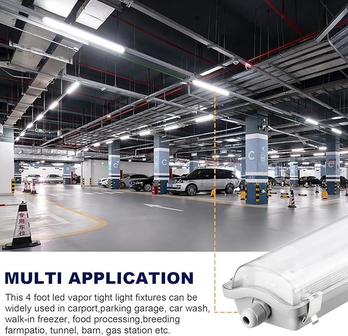 BRILLIHOOD 4Ft LED Vapor Tight Light Fixtures, 48W, 4200LM, 6500K Bright White, Clear Cover, IP65 Waterproof Vapor Proof Lights for Car Wash, Garage, Walk in Freezer, Indoor Outdoor Lighting, 4-Pack