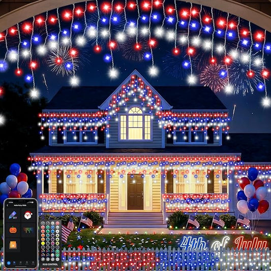 66FT Smart Color Changing Icicle Lights Outdoor - APP Control DIY Red White and Blue Curtain Lights Music Sync 100+ Effects 598 LEDs 138 Drops, Group Control Waterproof for Roof Eaves Holiday Decor