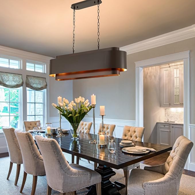 40" Modern Farmhouse Linear Chandelier, Dining Room Light Fixture Over Table Kitchen Island Lighting Metal Rustic Industrial Pendant Light Oil-Bronze