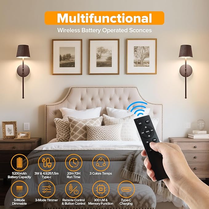 LUTEC Cordless Wall Sconces Set of 2, 5200mAh Wireless Rechargeable Battery Operated LED Wall Lamps, 3 Color Stepless Dimming Portables Lightings for Wall Painting/Living Room/Bedroom/Hallway Decor