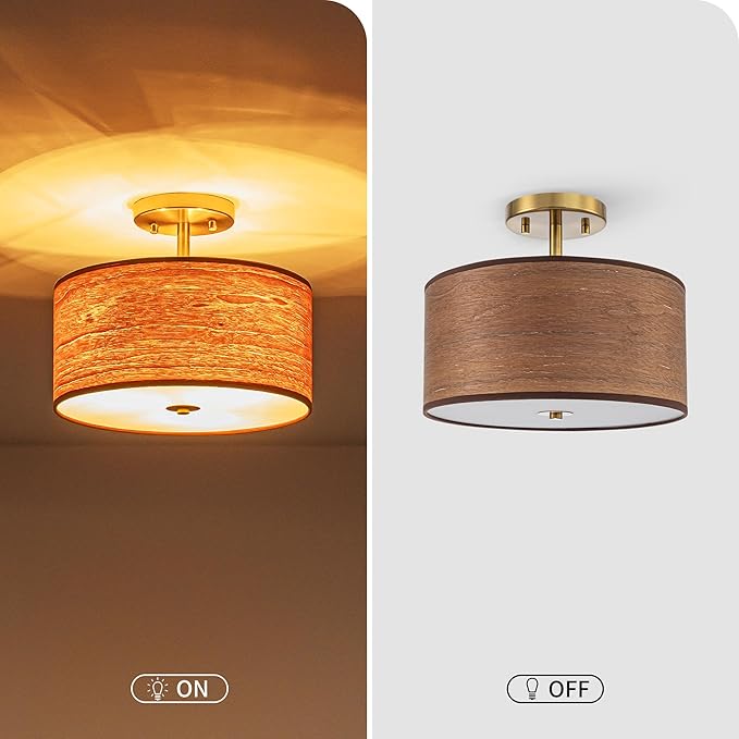 3-Light Solid Wood Drum Ceiling Lights, Farmhouse Style Semi-Flushmount Light Fixture for Dining Room, Living Room, Bedroom, D12 * H10 inch, Solid Wood Lampshade & Gold Finish