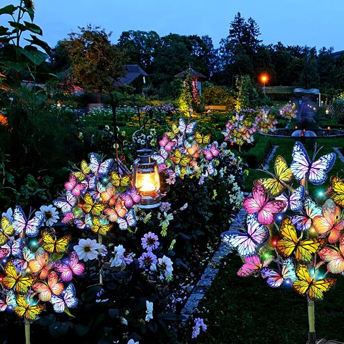 Adecorty Solar Garden Lights Outdoor Waterproof Decorative Solar Lights Outdoor 2 Pack with 44 LED 34 Butterfly Flower Garden Decor Yard Patio Lawn, Gifts for Mother's Day Mom Women