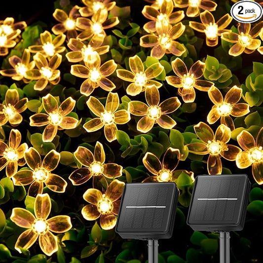 Brightown 2 Pack Total 52FT 120 LED Solar String Lights Flower Outdoor Waterproof Fairy Lights for Garden Yard Fence Patio Christmas Tree Wedding Party Decor, Warm White