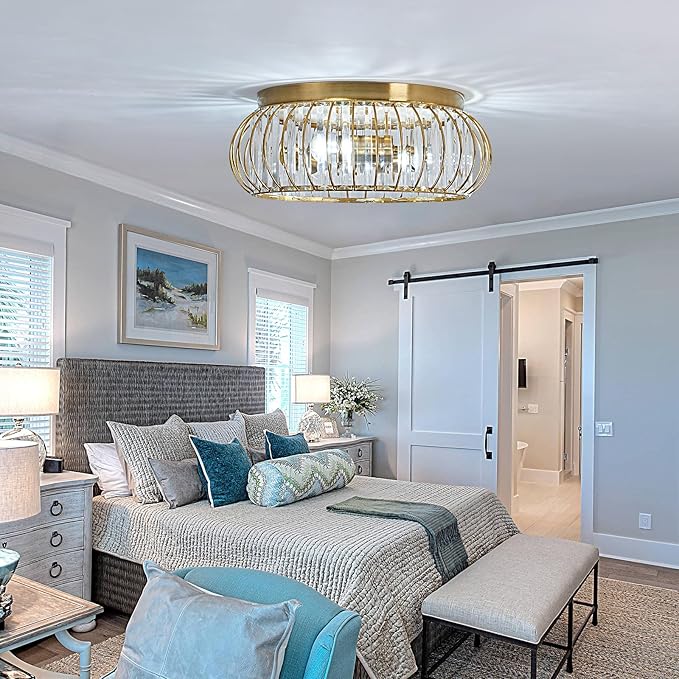 YYJLX Crystal Flush Mount Ceiling Light Fixtures Modern Gold Ceiling Light 3 Light Ceiling Chandelier for Hallway Bedroom Bathroom Foyer Living Room Dining Room Kitchen.