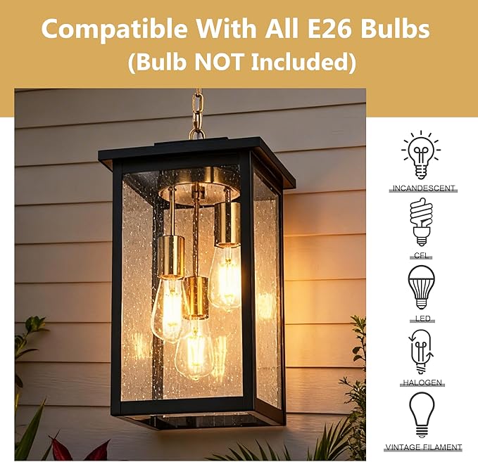 TODOLUZ 3-Lights Large Outdoor Pendant Light, Waterproof Exterior Height Adjustable Hanging Lighting with Seeded Glass Panel & E26 Bulb Base, Modern Porch Ceiling Lamp for Porch Patio Garden