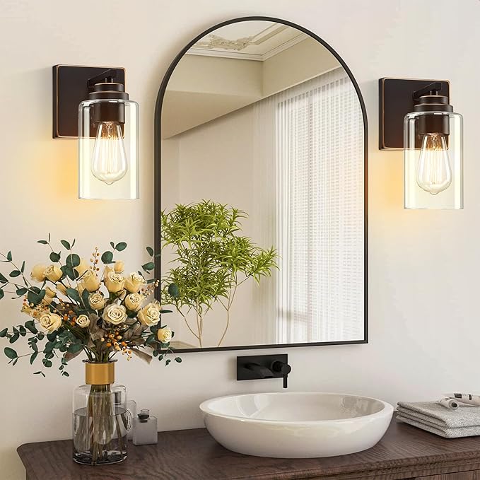 Pia Ricco Wall Sconces Set of 2, Bedside Wall Lamps with Switch for Bedroom, Modern Bathroom Light Fixtures with Clear Glass Shade, Oil Rubbed Bronze Sconces Wall Lights for Living Room, Hallway